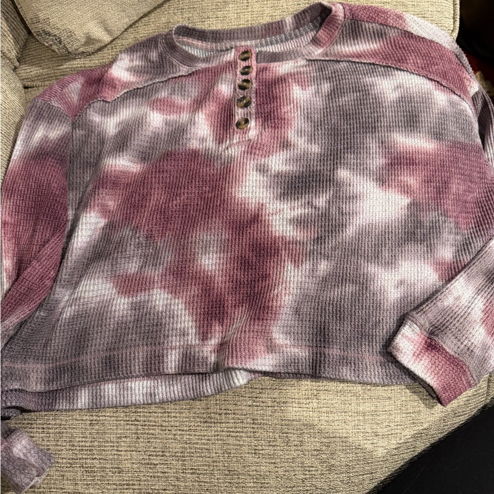 SO Cropped Tie Dye Waffle Knit Top Small Pink Purple Long Sleeve